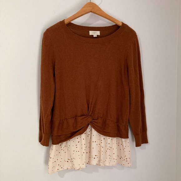 Loft Ann Taylor Women Size M Brown Sweater Lightweight Polka Dot Hem - Picture 1 of 10
